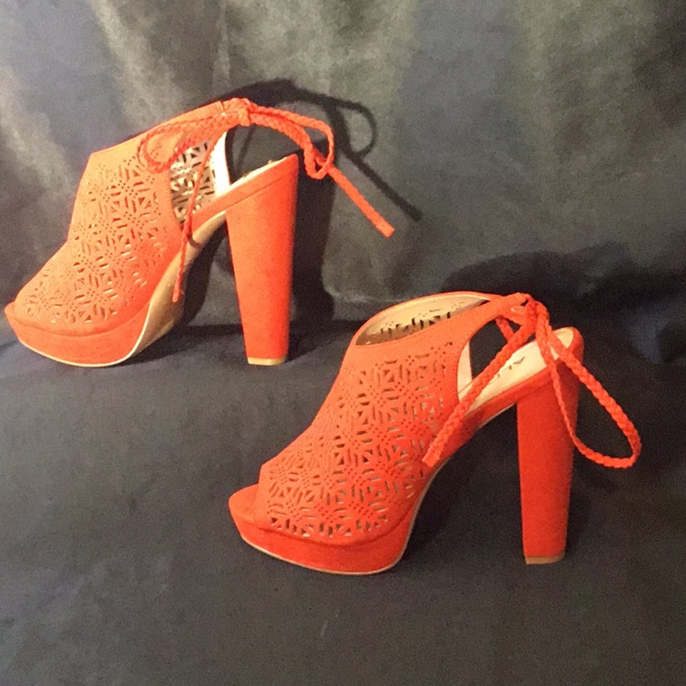 ALDO Orange Laser-Cut Peep-Toe Braided Ankle Tie Heels